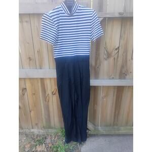 Vtg 80s Nautical Sailor Jumpsuit Mock Neck Striped Wide Leg Party Romper Size 10